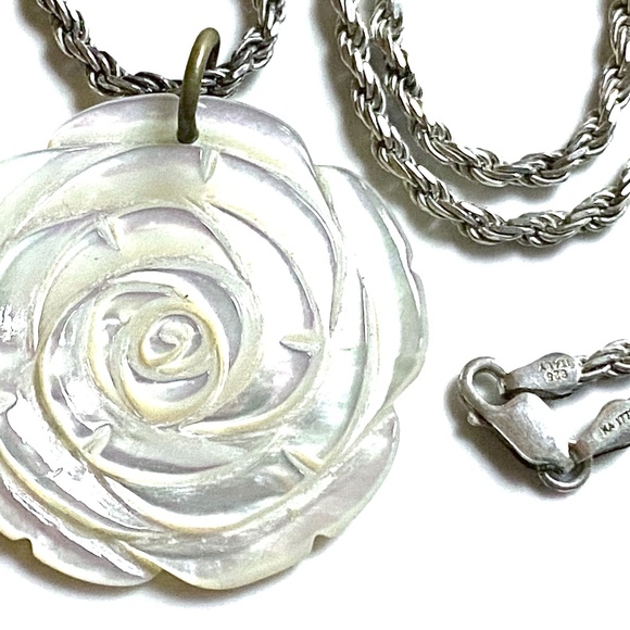 Sterling Silver Carved White Rose Necklace - Picture 3 of 5